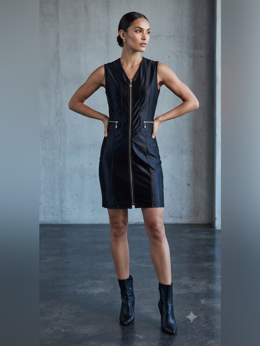 Vintage Black Sleeveless Zip-Front Dress with stretch. From The Leather Ranch.